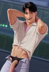 ai_generated asian asian_male civitai cock cute_male hands_behind_head hard_cock himbo jinu_(kpop_demon_hunters) korean korean_male kpop kpop_boy kpop_demon_hunters male meaty_dick muscles muscular muscular_male netflix pants penis shirtless_male white_shirt