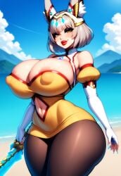 1girls adapted_costume ai_generated animal_ears areola arms_at_sides bare_shoulders battle_bimbo beach big_breasts bimbo bimbo_body bimbo_lips bimbofication bimbofied bottom_heavy breasts chest_jewel cleavage colored_nails core_crystal detached_sleeves elbow_gloves eyeshadow facial_markings female fingerless_gloves fox_ears gigantic_ass gloves grey_hair holding holding_object holding_weapon horizon huge_ass huge_breasts lipstick long_nails massive_ass medium_hair mountain mountainous_horizon navel navel_cutout nia nia_(xenoblade) nipple_bulge novelai outdoors outside ribbed_sweater silver_hair smirk solo solo_female strapless strapless_dress sweater_dress sword tgm101_(artist) thick+lips thick_thighs thin_waist tight_clothing weapon wide_hips xenoblade_(series) xenoblade_chronicles_(series) xenoblade_chronicles_3 yellow_eyes