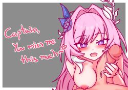 1boy absurdres border breasts captain_(honkai_impact) commentary cyrene_(honkai:_star_rail) english_commentary english_text erection female flower grey_background hair_flower hair_intakes hair_ornament handjob highres honkai:_star_rail honkai_(series) honkai_impact_3rd large_breasts long_hair multicolored_hair nipples nude open_mouth penis pink_hair purple_eyes smile straight thatpervtako two-tone_hair uncensored very_long_hair white_border white_hair