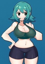 1girls big_breasts breasts cleavage clothed_female cyan_hair fanart light-skinned_female missandydandy mob_face nono_(notnoe) oc original shorts solo solo_female tank_top thick_thighs thighs