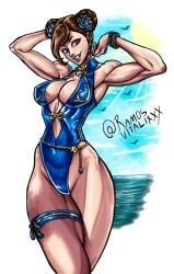 artist_name beach big_breasts brown_eyes brown_hair busty capcom chun-li cleavage curvy flower_in_hair hair_buns light-skinned_female light_skin muscular muscular_female ramosvitalixxx small_waist street_fighter thick_thighs thigh_strap