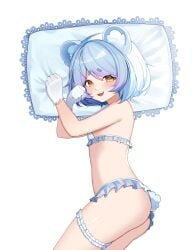 absurdres animal_ears animal_hands ass bear_ears bear_girl blue_hair blush brown_eyes claws flat_chest garter_belt highres icey_snowpaws immy_bisou_(artist) lingerie looking_at_viewer oerba_yun_fang official_art open_mouth pillow short_hair skin_fang symbol-shaped_pupils transparent_background underwear vallure vallure_gen_1:indulge virtual_youtuber