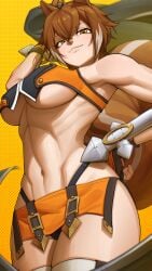 absurdres ahoge animal_ears black_panties blazblue boots breasts brown_eyes brown_hair crop_top dotted_background dual_wielding female female_focus fingerless_gloves gloves hair_between_eyes hand_on_own_hip highleg highleg_panties highres holding huge_filesize large_breasts looking_at_viewer makoto_nanaya matching_hair/eyes microskirt midriff multicolored_hair navel orange_skirt panties panty_peek revealing_clothes short_hair skirt smirk solo squirrel_ears squirrel_girl squirrel_tail tail tettora thigh_boots thighs thong toned toned_female toned_stomach tonfa two-tone_background two-tone_hair underboob underwear weapon