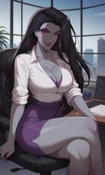 ai_generated ass bewitching_thighs bigmic145 black_hair breasts cartoon cleavage dreamworks dreamworks_animation dreamworks_pictures eris_(sinbad) female goddess grey_skin long_hair office_lady pencil_skirt shirt sinbad sinbad:_legend_of_the_seven_seas skirt solo solo_female tease teasing thighs