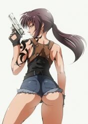 1girls ass black_lagoon dat_ass female female_focus female_only flou gun high_resolution highres long_hair looking_at_viewer looking_back ponytail revy solo tattoo