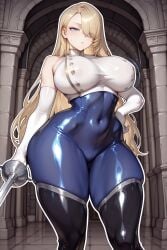 ai_generated athletic_female bare_thighs blonde_hair blue_eyes brown_dust_(series) brown_dust_2 curvaceous curvy_female gigantic_breasts hair_between_eyes huge_breasts huge_thighs light-skinned_female light_skin long_hair looking_at_viewer massive_breasts pussy_visible_through_clothes solo_female thick_body thick_female thick_thighs thighs voluptuous voluptuous_female wilhelmina_(brown_dust) yashugai