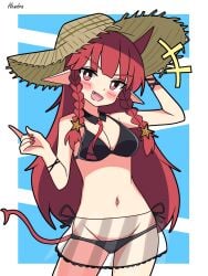2d arknights bikini blush female female female_only hendra long_ears long_hair looking_at_viewer red_hair small_bikini smile smiling straw_hat tie transparent_clothing transparent_skirt underwear vigna_(arknights) white_skin