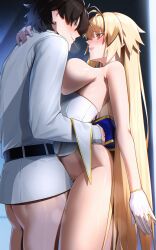 1boy archetype_earth arcueid_brunestud black_hair blonde_hair blue_eyes blush bottomless breasts clothed_female_nude_male clothed_sex command_spell dress fate/grand_order fate_(series) female fujimaru_ritsuka_(male) gloves gold_trim large_breasts long_hair nude off_shoulder parted_lips red_eyes sex short_hair smile standing standing_sex straight tamamoice very_long_hair white_dress white_gloves