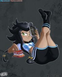 ass black_hair digital_media_(artwork) fanart female female_only freckles glitch_productions green_eyes human jackintaro looking_at_viewer murder_drones ribbons simple_background soccer_uniform socks tessa_elliot