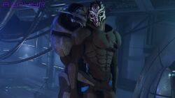 16:9 3d_(artwork) alien azphyr bioware bodypaint caressing digital_media_(artwork) duo electronic_arts erection face_paint genitals hand_on_chest handjob hi_res hug humanoid inside male male/male mass_effect muscular muscular_male mutual_masturbation nihlus_kryik not_furry nude penile penis saren_arterius sex turian widescreen