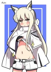 2d animal_ears arknights ashamed blonde_hair blush female female female_only flat_chest hendra long_coat long_hair looking_at_viewer platinum_(arknights) short_skirt showing_belly small_breasts white_skin