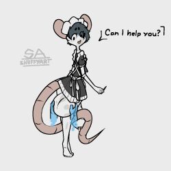 anthro black_hair bodily_fluids bottomwear clothed clothing clothing_lift disembodied_hand femboy genital_fluids genitals hair hyper hyper_genitalia maid_uniform male male/male mammal mouse murid murine pencil_(object) precum rodent shuffy shuffy_(character) skirt skirt_lift solo uniform