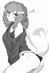 animal_ears ass blush curly_hair eyebrows_visible_through_hair female greyscale monochrome off_shoulder panties short_hair smile solo sweater swimsuit tail tail_wagging underwear