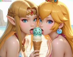 2girls ai_generated bikini blonde_hair blue_eyes circlet crossover crown dizbabes earrings female_only holding_ice_cream ice_cream jewelry licking_ice_cream looking_at_viewer makeup mario_(series) necklace nintendo open_mouth princess_peach princess_zelda stable_diffusion the_legend_of_zelda tongue_out video_games yuri zelda_(a_link_between_worlds)