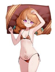 absurdres ahoge armpits bandaid bandaid_on_face bandaid_on_nose bikini blush buttons flat_chest freckles highres immy_bisou immy_bisou_(artist) loli looking_at_viewer navel official_art orange_hair pentagram pubic_tattoo purple_eyes swimsuit symbol-shaped_pupils tattoo transparent_background vallure vallure_gen_1:indulge virtual_youtuber x-shaped_pupils