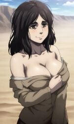 ai_generated attack_on_titan beach black black_hair blush breasts cleavage female large_breasts long_hair pieck_finger removing_clothing sand shingeki_no_kyojin shy_smile striptease