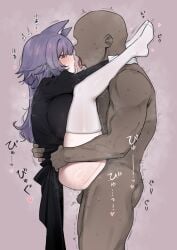 1boy 1boy1girl 1girls ambiguous_penetration animal_ears arms_around_neck big_breasts blush character_request clothed faceless_male folded heart legs_behind_head muscular_male nago_purin purple_eyes purple_hair saliva simple_background stand_and_carry_position steam steaming_body stockings straight sweat tagme tongue_out tremble_spikes trembling twitching upright_straddle white_stockings wolf_ears wolf_girl
