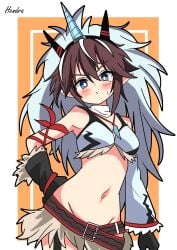 2d arknights belly blush bra brown_hair female female female_only half_naked hendra horns kirin_r_yato_(arknights) long_ears long_hair looking_at_viewer short_skirt skirt white_hair white_skin