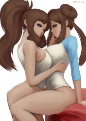 2girls blue_eyes brown_hair duo duo_focus female female/female female_only hilda_(pokemon) kris_null light-skinned light-skinned_female light_skin multiple_girls nintendo only_female pokemon ponytail rosa_(pokemon) tagme tank_top tied_hair topwear yuri