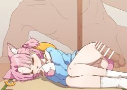 1boy :d animal_ear_fluff animal_ears blue_archive blue_shirt bottomless cat_ears cat_girl cat_tail censored chlorella_observation_club_member_(blue_archive) closed_eyes female hair_bobbles hair_ornament highres hugging_own_tail hugging_tail imminent_penetration kindergarten_uniform lying mountain_han on_side penis pink_hair pussy see-through_body shirt short_hair size_difference sleep_molestation sleeping smile socks spooning tail white_socks