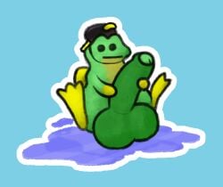 amphibian ass balls beady_eyes big_ass big_balls big_butt big_penis blank_expression blue_background countershade_torso countershading darkened_genitalia darkened_penis earthbound_(series) erection feral flippers foreskin frog genitals glans green_body huge_balls huge_cock humanoid_genitalia humanoid_penis looking_at_viewer male nintendo outline penis penis_grab pincoosh puddle quadruped save_frog scuba_gear simple_background sitting small_but_hung snorkel solo uncircumcised water white_outline