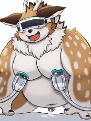 3:4 absurd_res anthro balls belly blush bodily_fluids brown_body brown_fur cum deer erection foreskin fur genital_fluids genitals hi_res kazusa looking_pleasured machine male mammal markings masturbation milking_machine moobs navel nipples nude orgasm overweight penis solo spots spotted_body spotted_fur tamacolle tongue tongue_out vr_headset yukumaru3