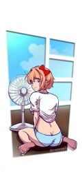 1girls blue_eyes blue_panties bow bow_in_hair doki_doki_literature_club fan female hot kneeling lifting_shirt light-skinned_female light_skin looking_over_shoulder orange_hair panties projektxi01 sayori_(doki_doki_literature_club) sweat
