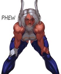 absurdres animal_ears bent_over blood boku_no_hero_academia dark_skin heavy_breathing highres leotard milka01477 mirko muscular muscular_female open_mouth rabbit_ears thighhighs