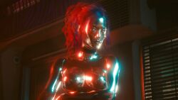 breasts cd_projekt_red cgi cybernetics cyberpunk_2077 female grimes lizzy_wizzy metallic_body metallic_skin nude_female pink_hair ponytail shiny_skin silver_skin solo_female