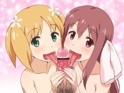 1boy 2girls bar_censor blonde_hair blush brown_eyes brown_hair censored cooperative_fellatio fellatio flower green_eyes group_sex hair_flower hair_ornament licking long_hair looking_at_viewer male_pubic_hair multiple_girls nude okamura_hijiki oral penis pov pubic_hair sakura_trick sonoda_yuu straight takayama_haruka teamwork_(sexual) threesome tongue tongue_out twintails