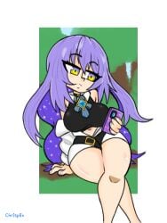 cellphone chrisplix female hololive hololive_indonesia hololive_indonesia_area_15 moona_hoshinova purple_hair thick_thighs virtual_youtuber