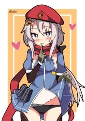 2d 9a-91_(girls_frontline) beret blush female female female_only finger_to_mouth girls'_frontline hendra inviting_to_sex lifting_skirt lingerie looking_at_viewer panties showing_panties white_hair