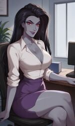 ai_generated ass bewitching_thighs bigmic145 black_hair breasts cartoon cleavage dreamworks dreamworks_animation dreamworks_pictures eris_(sinbad) female goddess grey_skin long_hair office_lady pencil_skirt shirt sinbad sinbad:_legend_of_the_seven_seas skirt solo solo_female tease teasing thighs