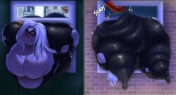 1girls areola_slip back_view black_cat_(marvel) blush bodysuit breasts buttybutter fat fat_female felicia_hardy female gigantic_ass gigantic_breasts huge_breasts marvel marvel_comics massive_breasts overweight overweight_female peter_parker spider-man spider-man_(series) stuck stuck_in_wall tight_clothing weight_gain