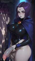 1futa 2025 ai_generated black_leotard blush breasts cape cloak covered_navel cowboy_shot cum dc dc_comics enjoyerartai erection forehead_jewel futanari grey_skin hi_res highleg highleg_leotard huge_cock impossible_leotard large_breasts large_penis large_testicles leotard long_sleeves looking_at_viewer makeup penis purple_eyes purple_hair rachel_roth raven_(dc) self_upload shiny shiny_clothes shiny_hair shiny_skin short_hair solo solo_futa standing teen_titans testicles thick_thighs thighs veins veiny_penis