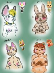 animal_crossing animate_inanimate anthro areola beady_eyes bella_(animal_crossing) black_eyes blonde_hair blush blush_lines breasts brown_areola brown_body brown_fur brown_hair brown_nipples brown_stripes cheek_tuft coco_(animal_crossing) collar crossed_arms dipstick_ears domestic_cat ear_markings ear_piercing empty_eyes espent eyebrows eyelashes eyeshadow facial_tuft felid feline felis female freckled_breasts freckles fur gloves_(marking) green_background grey_areola grey_body grey_eyes grey_fur grey_nipples group gyroid hands_behind_back hazel_(animal_crossing) hi_res lagomorph leporid looking_at_viewer makeup mammal markings mouse multicolored_ears murid murine navel nintendo nipple_piercing nipples orange_body orange_fur piercing pink_areola pink_nipples purple_eyeshadow rabbit rodent rosy_cheeks sciurid short_hair simple_background small_breasts smile squirrel stripes tabby_(animal_crossing) tan_body tan_fur text tree_squirrel tuft unibrow white_body white_fur