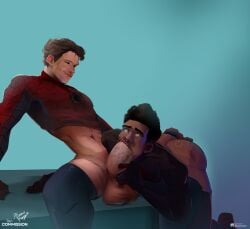 2boys ahe_gao ahegao_face bara barazoku big_balls big_butt big_penis black_hair brown_eyes brown_hair clothed clothed_sex cum cum_in_mouth cum_inside cumshot dark-skinned_male dark_skin fellatio fingering fingers huge_cock interracial marvel marvel_comics melanin miles_morales muscular muscular_male oral oral_sex peter_parker pleasurepuppynsfw spider-man spider-man:_across_the_spider-verse spider-man:_into_the_spider-verse spider-man_(series) thick_penis tom_holland veiny_penis