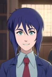 1girls ai_generated bangs blue_hair collared_shirt female female female_focus female_only indoors laurie_lowell looking_at_viewer office office_clothing office_lady office_lady_outfit office_uniform pantheon_(series) red_tie short_hair smile solo solo_female solo_focus suit suit_and_tie tie window
