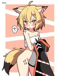 2d animal_ears arknights blonde_hair blush exposed_pussy female female female_only fluffy_tail half_naked hendra looking_at_viewer no_panties short_hair tail vermeil_(arknights)