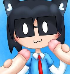 3boys alternate_version_available big_penis black_hair cat_boy cat_ears clothed clothed_male_nude_male eas-kun_(character) emergency_alert_system-kun glasses holding_penis imminent_blowjob imminent_oral imminent_sex light-skinned_male miseraquila-kun miseraquila_(copyright) miserasora nec-12 neko no_watermark penis tie