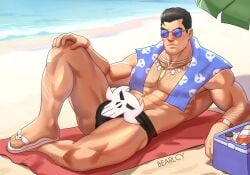beach bearlcy gay male male_only marvel marvel_rivals muscular muscular_male punisher punisher_(marvel_rivals) solo solo_focus solo_male sunglasses underwear