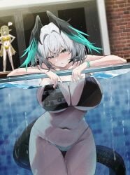 2025 2girls against_glass alternate_costume anger_vein aqua_bikini aqua_feathers aqua_wings arknights bikini black_bikini blush breast_press breasts breasts_on_glass cleavage collarbone cowboy_shot grey_hair hair_between_eyes head_wings hi_res ho"olheyak_(arknights) huge_breasts long_tail looking_at_viewer muelsyse_(arknights) multicolored_bikini multiple_girls navel orange_bikini parted_lips partially_submerged pool sideboob snake_tail stomach sviggum swimsuit tail thighs two-tone_bikini two-tone_feathers two-tone_wings underboob wet wings