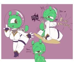 1_eye 2025 4_fingers alien alien_humanoid ambiguous_form ambiguous_species antennae_(anatomy) antennae_markings armor ass bald bedroom_eyes bent_arm big_breasts big_butt biped blush blush_stickers bodily_fluids bouncing_breasts breasts breathing_noises closed_smile clothed clothed_female clothed_humanoid clothing collarbone cum cum_in_vagina cum_inside curvy_figure cyclops dialogue digital_media_(artwork) directional_arrow duo english_text female female_humanoid female_penetrated fingers flat_colors freckles fully_clothed fully_clothed_female fully_clothed_humanoid genital_fluids glistening glistening_armor glistening_breasts glistening_eyes glistening_headgear glistening_helmet green_body green_eyes green_skin green_tail headgear heart_symbol helmet hi_res humanoid humanoid_penetrated leaning leaning_forward looking_aside looking_at_viewer male male/female male_penetrating male_penetrating_female markings mostly_offscreen_character mostly_offscreen_male motion_lines mouth_closed multiple_images narrowed_eyes onomatopoeia open_mouth open_smile partially_clothed_female partially_clothed_humanoid penetration penile penile_penetration penis_in_vagina pupils purple_background seductive sex simple_background smile solo_focus sound_effects spacesuit speech_bubble standing tail tail_markings tailed_humanoid tan_body text thick_thighs tongue tongue_out vaginal_penetration vaginal_penetration voluptuous_female voluptuous_humanoid vono white_background white_sclera wide_hips
