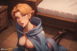 1girls ai_generated artist_name bed black_pantyhose blue_eyes breasts breasts_out castlevania castlevania_(netflix) cloak collarbone feet hi_res hood hood_down hooded_cloak indoors looking_at_viewer medium_breasts nipples no_bra no_shoes on_bed open_mouth orange_hair pantyhose patreon_logo rule34lab short_hair soles solo sypha_belnades toes tongue tongue_out
