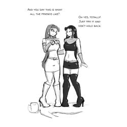 1boy 2girls aged_up alien alien/human alien_girl black_and_white black_and_white_drawing blackfire boot_fetish boots celera_prime dc dc_comics dick_grayson english_text female femdom komand'r koriand'r long_boots long_hair long_hair_female long_legs male miniskirt monochrome party partying red_hair robin_(dc) robin_(dick_grayson) skirt starfire stepped_on teen_titans thigh_boots thighhigh_boots thighhighs thighs trample trampling