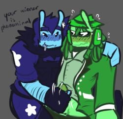 2boys alien alien_chance_(forsaken) alien_guest_(forsaken) antennae antennae_(anatomy) blue_body blue_skin blush cum cumming drool drooling fedora forsaken_(roblox) gay glasses green_body green_skin hairy hand_on_penis hat headphones headwear jerking_off jerking_off_another jerkingoff johndgoonmaster roblox roblox_game robloxian text tongue tongue_out