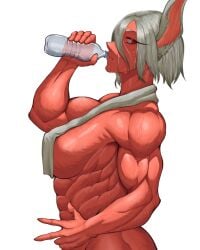 absurdres animal_ears boku_no_hero_academia bottle dark_skin drinking highres milka01477 mirko muscular muscular_female rabbit_ears red_eyes towel v wet