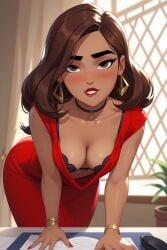 ai ai-created ai_art ai_assisted ai_generated bending_forward bending_over black_bra bra breasts brown_body brown_hair brown_skin carmen_sandiego carmen_sandiego_(2019) carmen_sandiego_(franchise) down_blouse latina red_dress