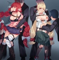 2girls 4boys absurdres ahoge alice_thymefield animal_ears black_boots black_hair black_pants black_pantyhose black_shirt black_skirt blonde_hair boots bra braid breasts buttons closed_eyes collarbone covering_another's_mouth gag gagged green_skirt grey_hair hand_gagged hand_over_another's_mouth heavy_breathing heterochromia highres kidnapped kidnapping kneehighs large_breasts mocomori multiple_boys multiple_girls nipples no_bra panties pants panty_pull pantyhose pink_sweater pleated_skirt rabbit_ears rape red_eyes red_hair red_skirt restrained shirt shoes skirt socks striped_clothes striped_socks striped_thighhighs suit sweater thighhighs torn_clothes torn_pantyhose twin_braids twintails ukinami_yuzuha underwear white_bra white_shirt white_shoes yellow_eyes zenless_zone_zero
