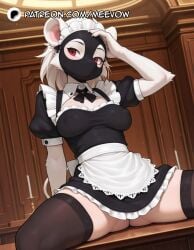 1girls ai_generated animal_ears apron artist_name black_dress black_thighhighs body_fur breasts candle covered_nipples dress female frills furry furry_female indoors ink-eyes magic_the_gathering maid maid_apron maid_headdress mask medium_breasts meevow mouse_ears mouse_girl mouse_tail on_table patreon_username puffy_short_sleeves puffy_sleeves red_eyes short_sleeves sitting solo spread_legs tail thighhighs waist_apron white_apron white_fur white_hair
